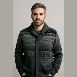 Vintage Liz Claiborne Gray Fair Isle Heavyweight Long Sweater Cardigan Jacket L